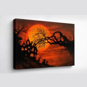 Gallery‑wrap haunted landscape canvas with dark silhouettes and fiery sky