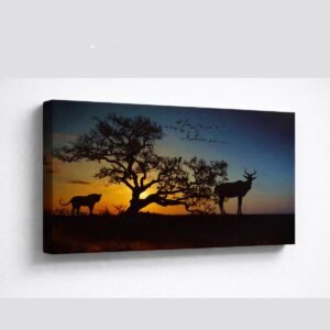 gallery‑wrapped 3D canvas featuring African savanna sunset with lioness, antelope, tree, and flying birds
