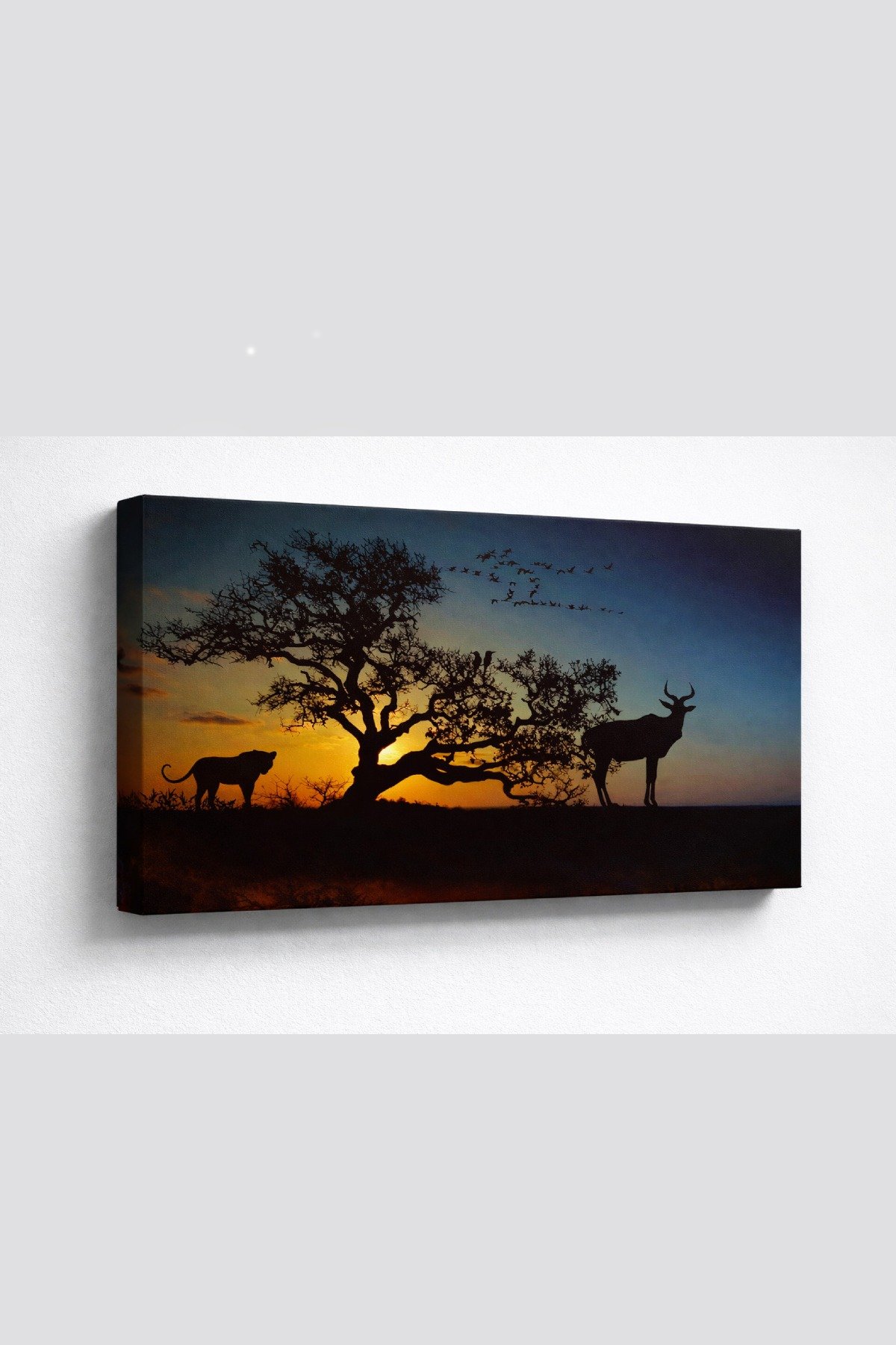 gallery‑wrapped 3D canvas featuring African savanna sunset with lioness, antelope, tree, and flying birds